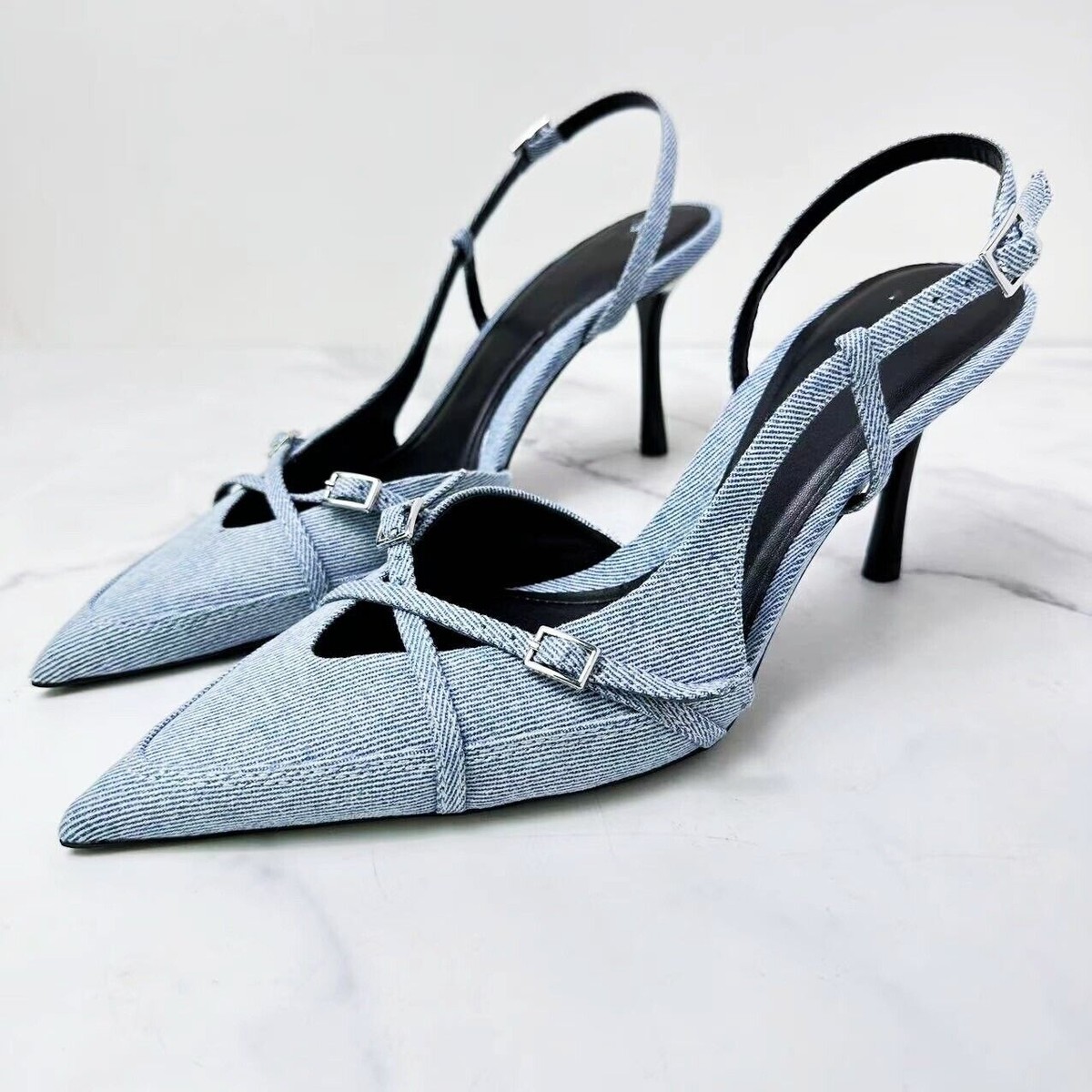 Women Pointed Toe Denim Stiletto Heels Shoes Buckle Strap