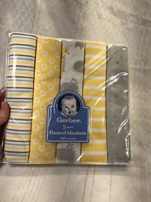 5-Pack Gerber Flannel Receiving Blankets Unisex Safari Yellow Gray Striped NEW