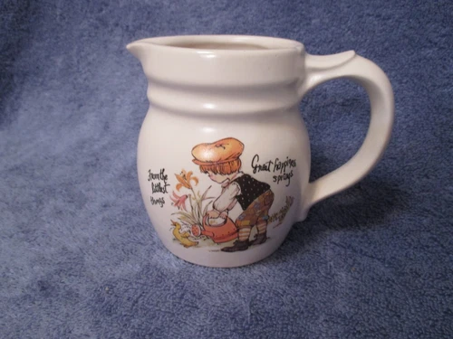VINTAGE McCoy Pottery Happy Times Pitcher "The Littlest Things"  4 1/4" h NICE !