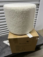 19" Round Pouf Ottoman White Faux Shearling - WOVENBYRD