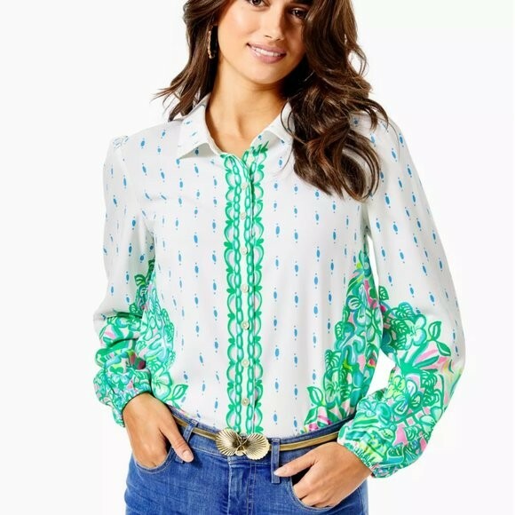 FILA Lilly Pulitzer Tavia Top Resort White Coconut Row XS Long Sleeve Shirt