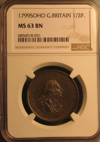 1799 SOHO Great Britain UK Half 1/2 Penny World / Foreign Coin NGC MS 63 BN #502