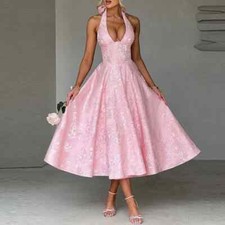 Bow Tie Up Halter Solid Womens Party Dress Fashion Jacquard Slim Fit Swing Dress