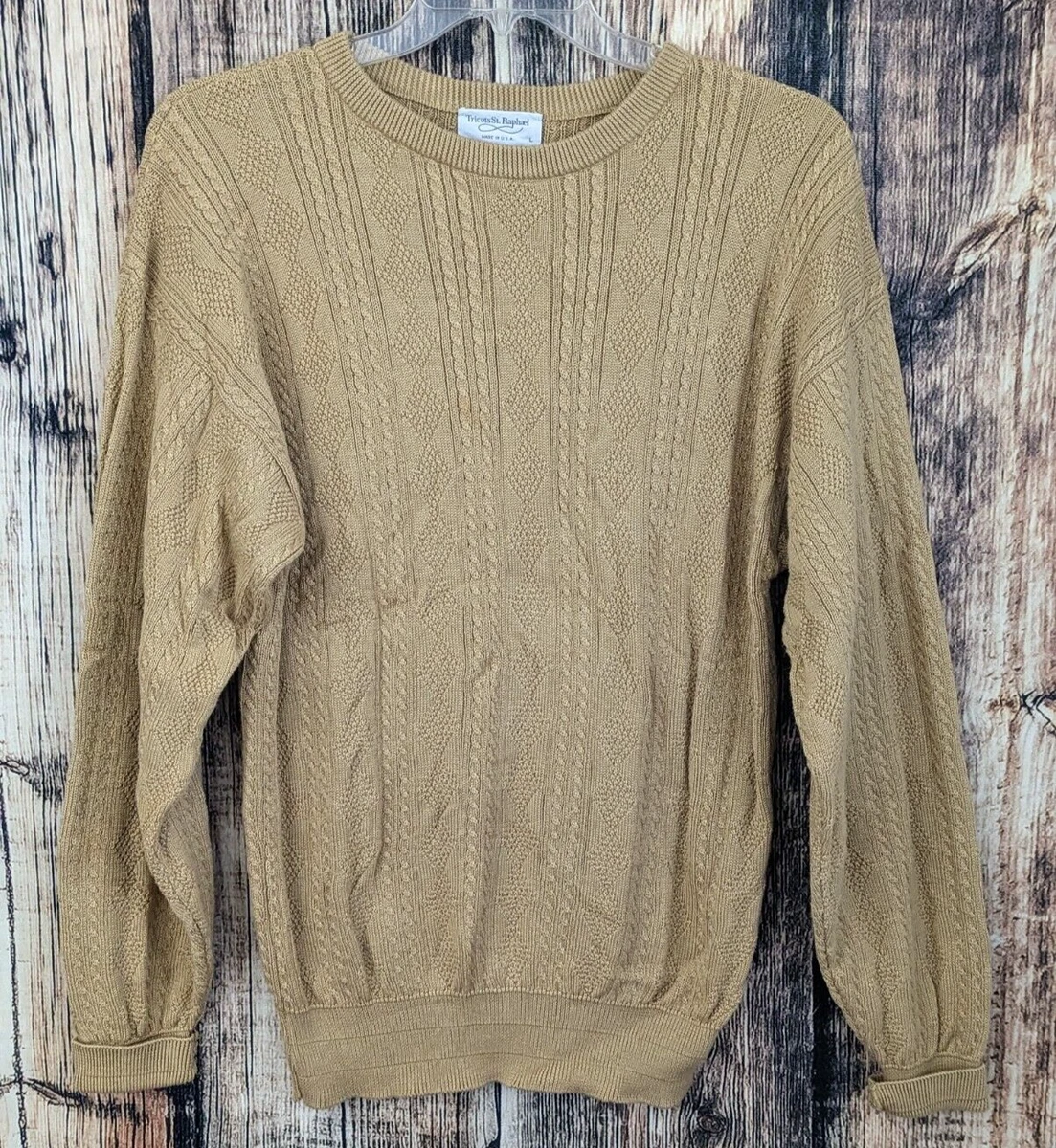 Vintage Tricots St. Raphael Sweater Mens L Tan Cable Knit Crew Neck Made in USA