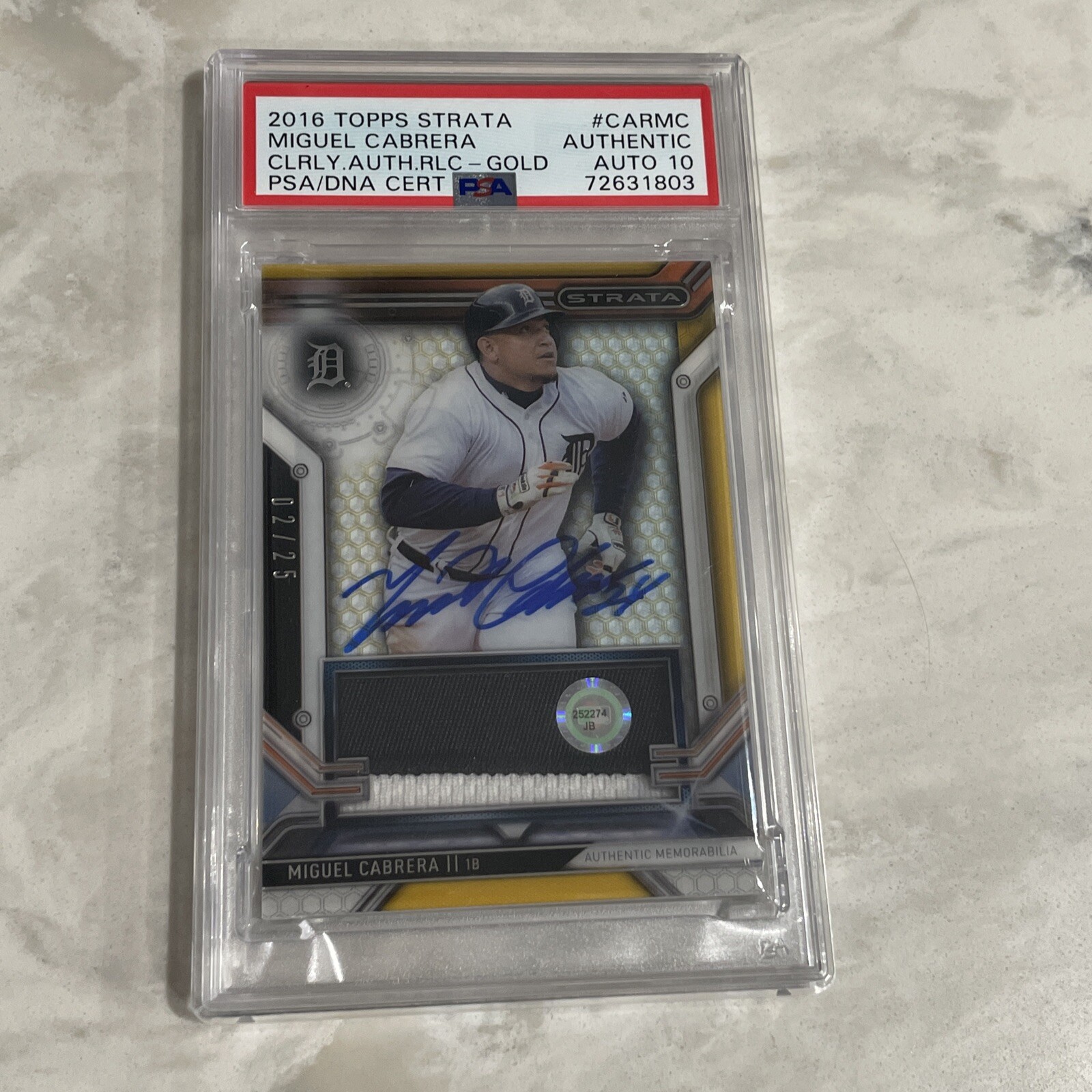 2016 topps strata Miguel Cabrera patch auto PSA 10 game worn 2015 MLB AUTH 2 hit view 1