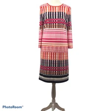 Eliza J Sheath Multicolor Stripe Midi Lined Shift Dress 3/4 Sleeves Size 4