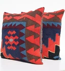SYMMETRICAL TWO PILLOW TURKISH RUG PILLOWS SQUARE WOOL  BLUE AREA RUGS 24"X24"