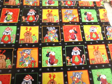 Cotton Fabric CHRISTMAS Dogs Multicolored Squares Kimberly Montgomery BTYx44