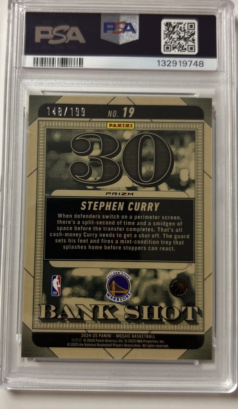 Panini 2024 Mosaic Stephen Curry Bank Shot Blue /199 #19 PSA 9 Golden State view 2