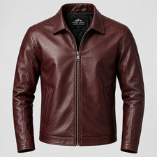 Mens Genuine Leather Jacket Real Sheepskin Casual Classic Wine Red Maroon Coat