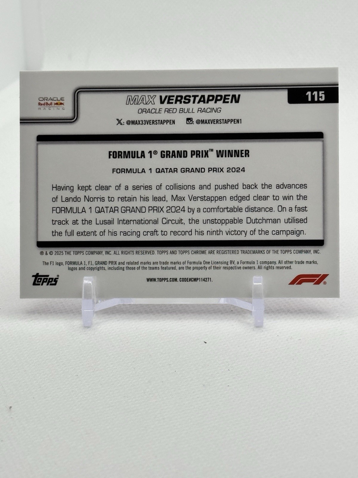 2025 Topps Chrome F1 Max Verstappen Pink /250 Oracle Red Bull  #115 view 2