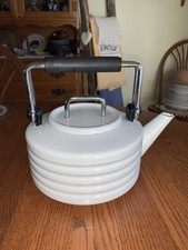 BRAND NEW VINTAGE MCM Enamel Tea Kettle Large White Ribbed Enamel Steel Atomic