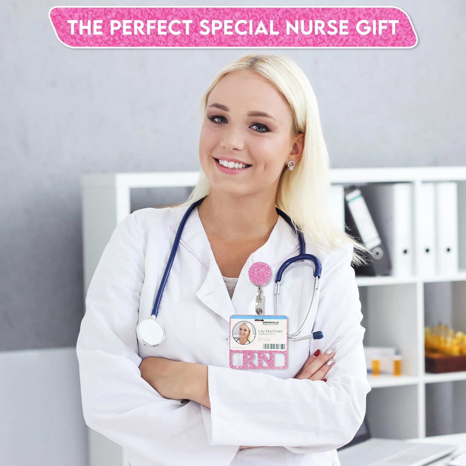 как выглядит RN Badge Buddy Horizontal Registered Nurse Acrylic Card Pink Glitter ID Standard фото