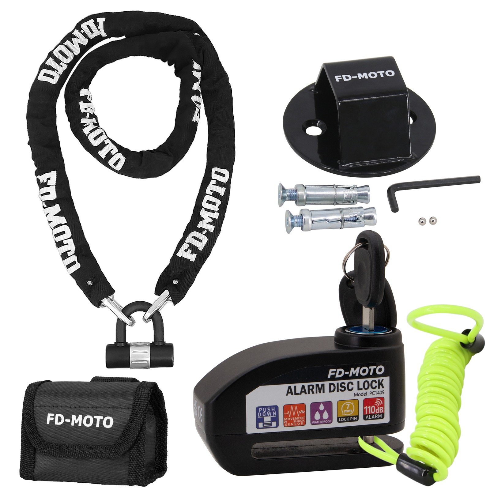 FD-MOTO Black Alarm Disc Lock CL729 2M*10mm Motorcycle Chain Lock Ground Anchor