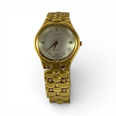 Bijoux Terner Mens Elegant Gold Tone White Quartz Watch New Battery Luxury Look