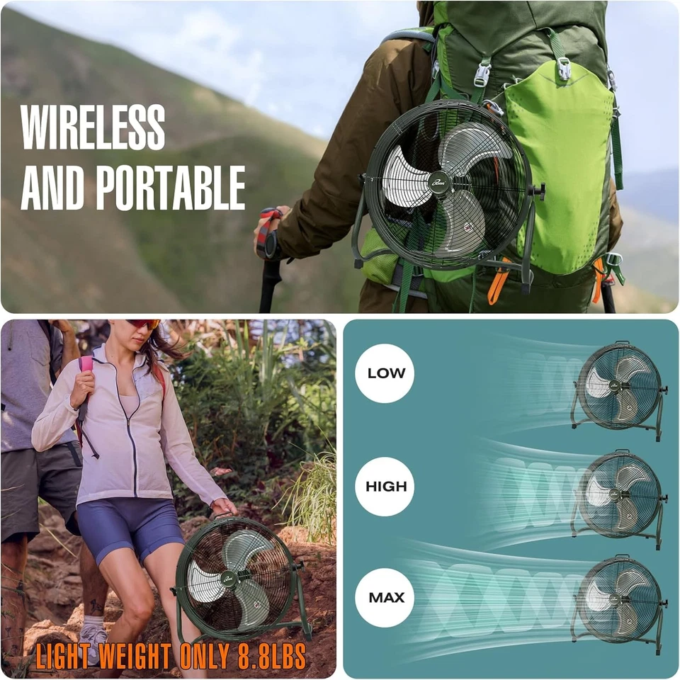 Ventilador de Piso de Camping Recargable de 18" Alta Velocidad Alimentado por Batería Ventilador al Aire Libre NUEVO Foto 3 de 4