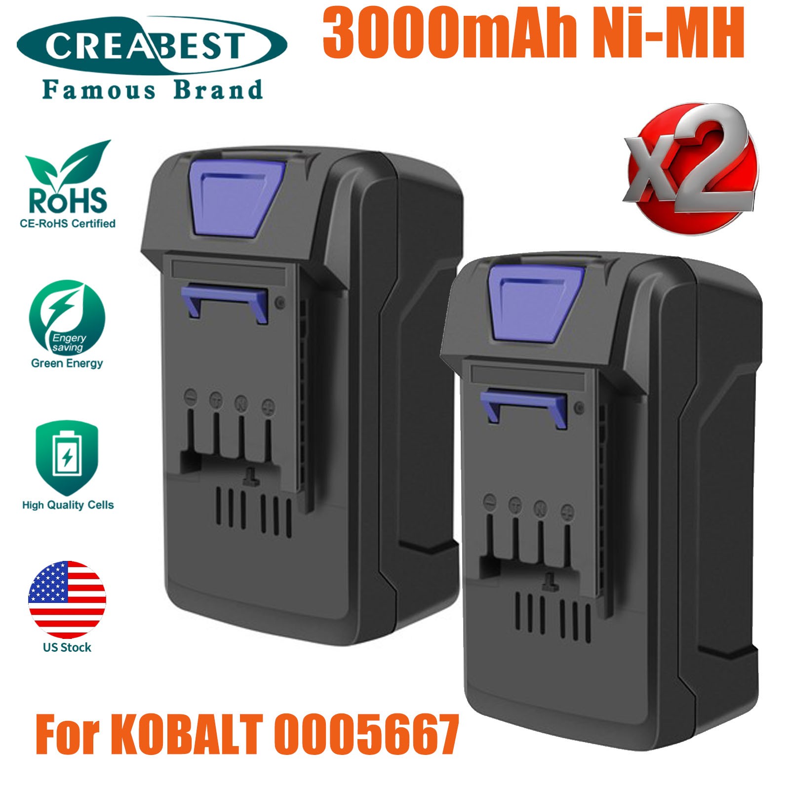 2pcs 18V Ni-MH Battery For Kobalt 0005667 K18-NB15A 3000mAh 