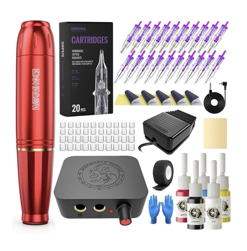 Wormhole Tattoo Pen Kit Lightweight Adjustable Complete Set w/ Cartridges, Ink