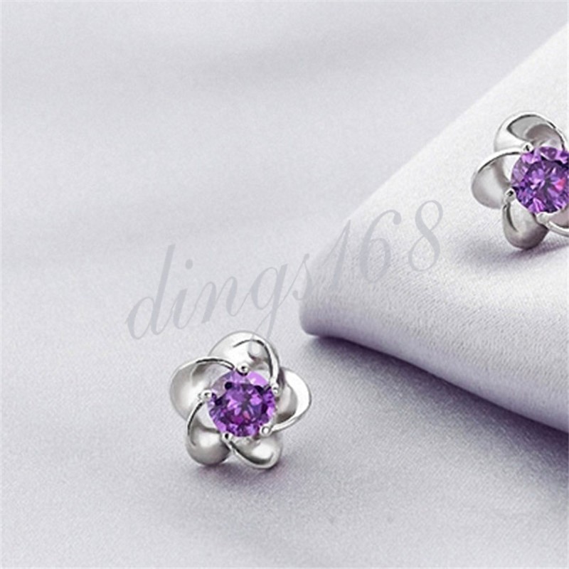 925 Silver Purple Crystal Windmill Stud Earrings 8mm Tarnish-Free H1140