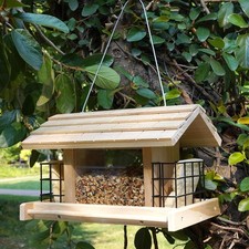 Wooden Bird Feeder for Outdoors Hanging Mount Large Capacity, Pine Garden Roof