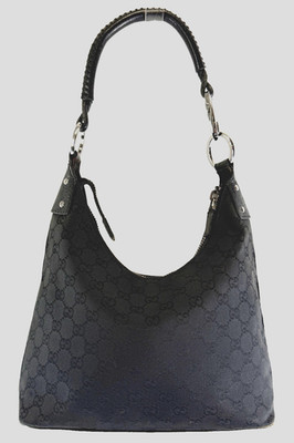 Vintage GUCCI Black Hobo Leather Shoulder Bag Silver Hardware GG Canvas Medium