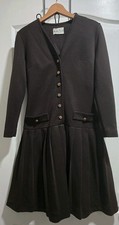 Vintage Brown Knit Classic Gold Buttons Pleated A-Line Knee Length Dress Sleeve