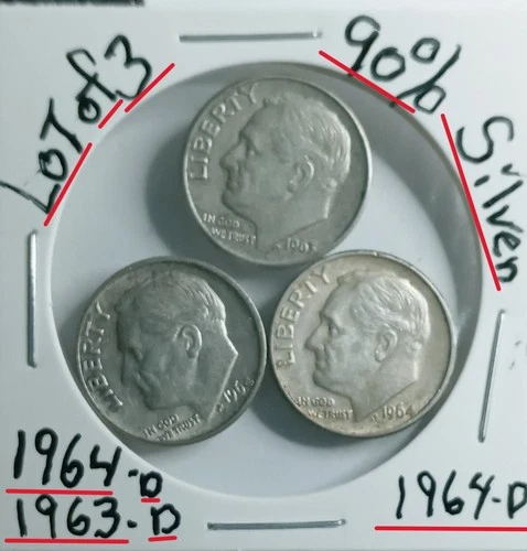 Roosevelt Dimes Lot of 3 90% Silver 1963-D1964-D1964-D VG Condition Look@& Judge