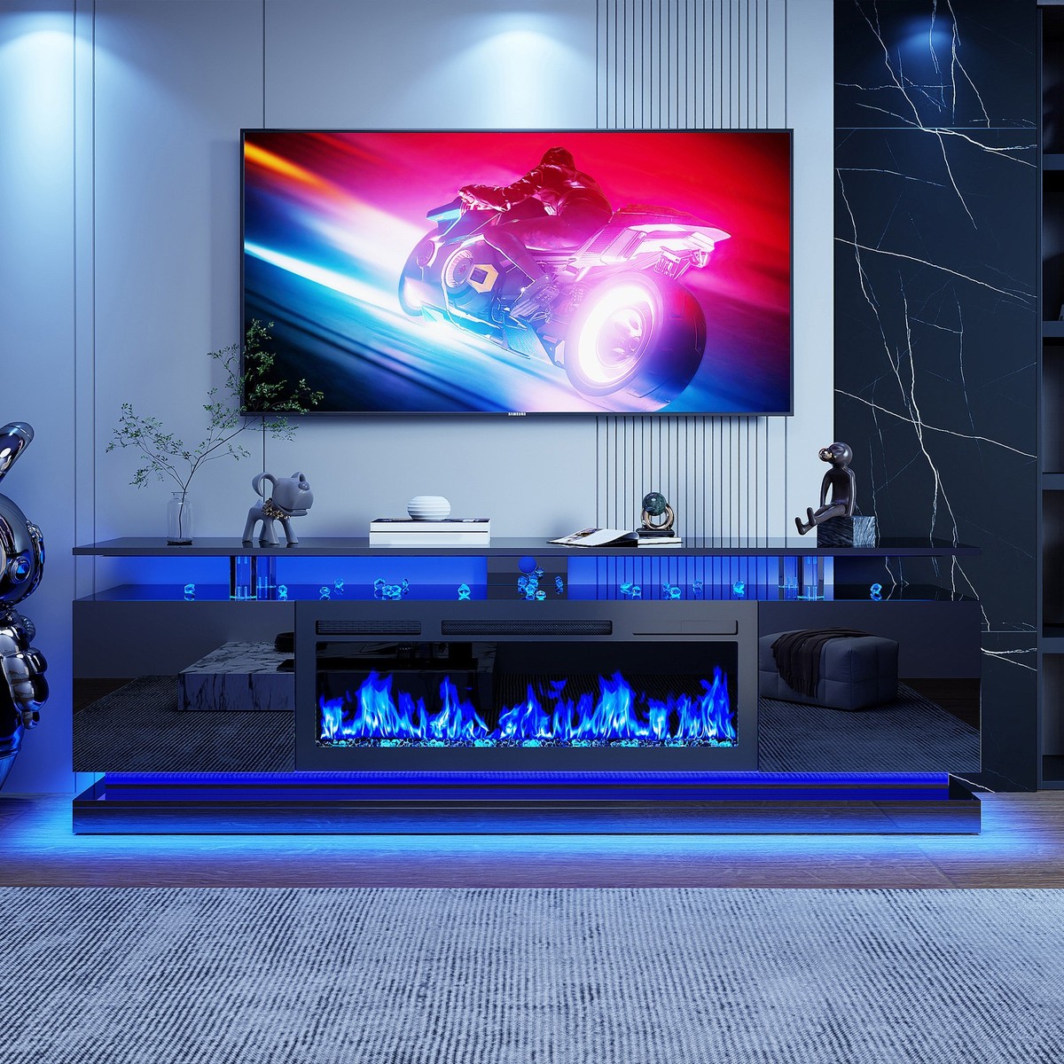 TV Stand 70" Fireplace With LED Light for 80 in TV Entertainment Center ModernUS