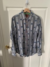 Robert Graham Mens Long Sleeve Dress Shirt Geometric Gray Flip Back Cuffs Size L