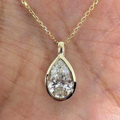 2Ct Pear Cut Moissanite Tear Drop Bezel Solitaire Pendant 14K Yellow Gold Plated