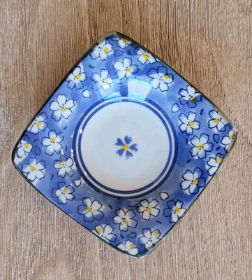 2 Vintage Japanese Miniature Sushi Square Saucers Signed Blue, Yellow Flowers