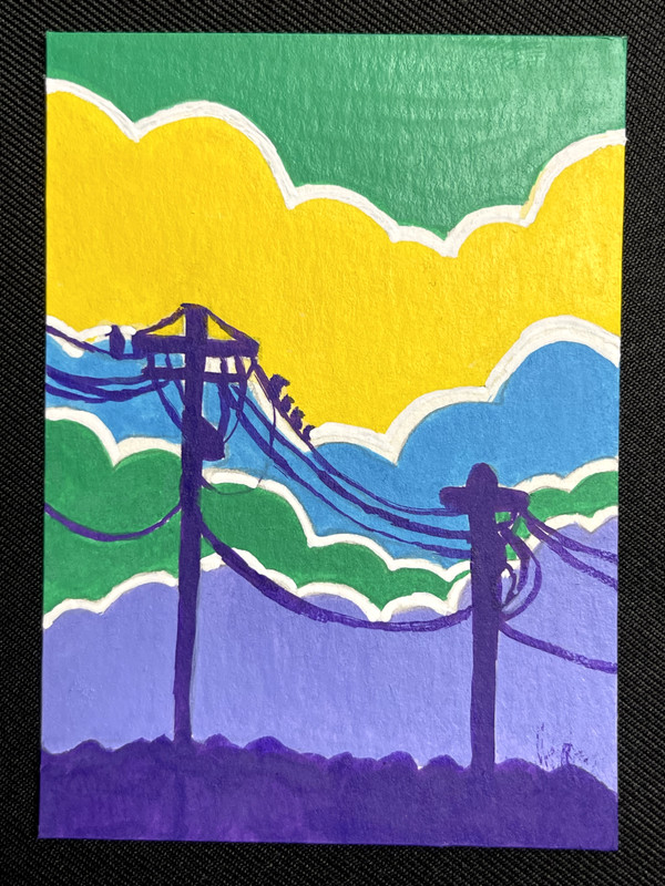 ACEO Original, Abstract Electric Post & Clouds,  Mini Art Painting, by Annibbie