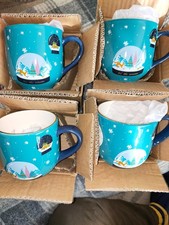 Four Fat Face Snow Globe Christmas design ceramic Mugs all New Boxed Ideal Gifts