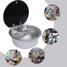 RV Caravan Camper Sink Stainless Steel Hand Wash Basin Sink w/Glass Lid & Faucet