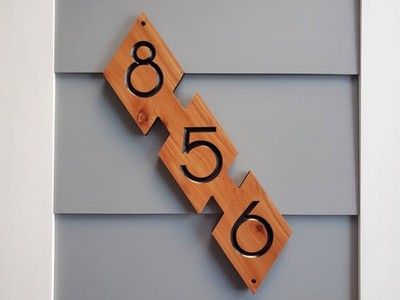 Modern Home Address Sign House Street Number Plaque Diagonal MCM Carved Wood