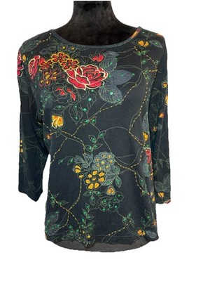 Take Two Black Embroidery & Sequine Floral 3/4 Sleeve Blouse Romantic Goth XL