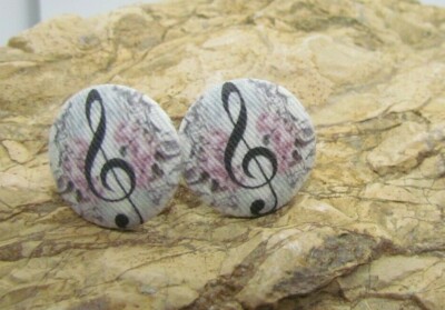 Music Notes Fabric Button Earrings Floral Silver Tone CUSTOM Crafted Band Stage