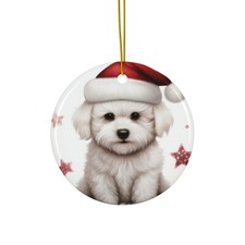 Hanging Ceramic Christmas Tree Ornament - Bichon Frise Puppy Drawing Design