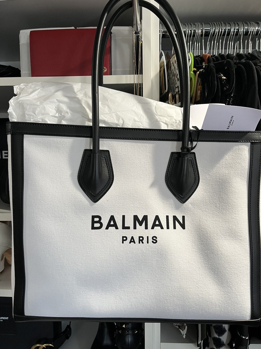トートバッグ B-Army Small Shopper Bag - Balmain - Cotton - Ivory/Black Balmain B-Army Leather Trimmed Canvas Tote White And Black
