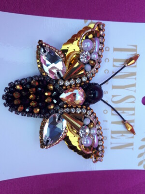 GOLD BUTTERFLY BROOCH bee rhinestone beads handmade jewelry italy accessory women