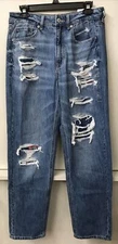 American Eagle Womens Mom Plaid Patch Distressed Straight Jeans  Size 8 Long NWT