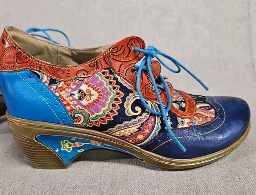 Handmade Lambskin Oxford Loafer Shoes Blue Paisley Print Sz 39 EUR Sz 8 US Wms - Picture 5 of 10