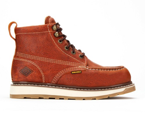 Mens Light Brown 6" Moc Toe Leather Steel Toe Work Boots BAT-612 Size 5-13 (D,M) - Picture 2 of 5