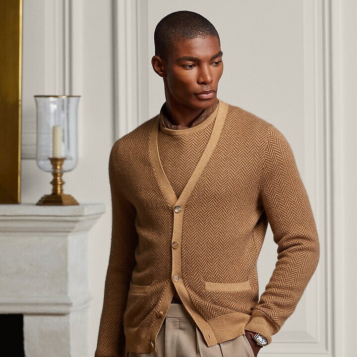 Ralph Lauren Purple Label Tan Herringbone Cashmere Cardigan Ralph Lauren Purple Label Tan Herringbone Cashmere Cardigan