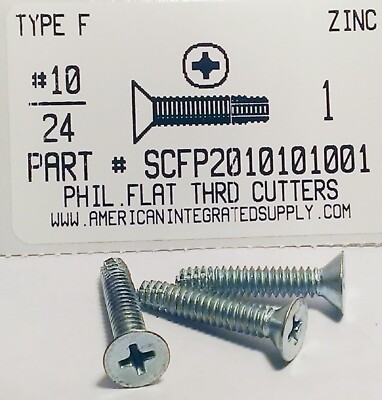 #10-24x1 Flat Phillips Thread Cutting Screws Type F Steel Zinc Plated (300)