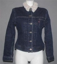 Levi's Pleated Front Sherpa Lined Dark Blue Thick Denim Trucker Jacket Wm's M