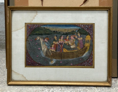 Indianer Vintage Kunst Malerei mit Rahmen Mughal King Damen IN Boot 25.4x20.3cm