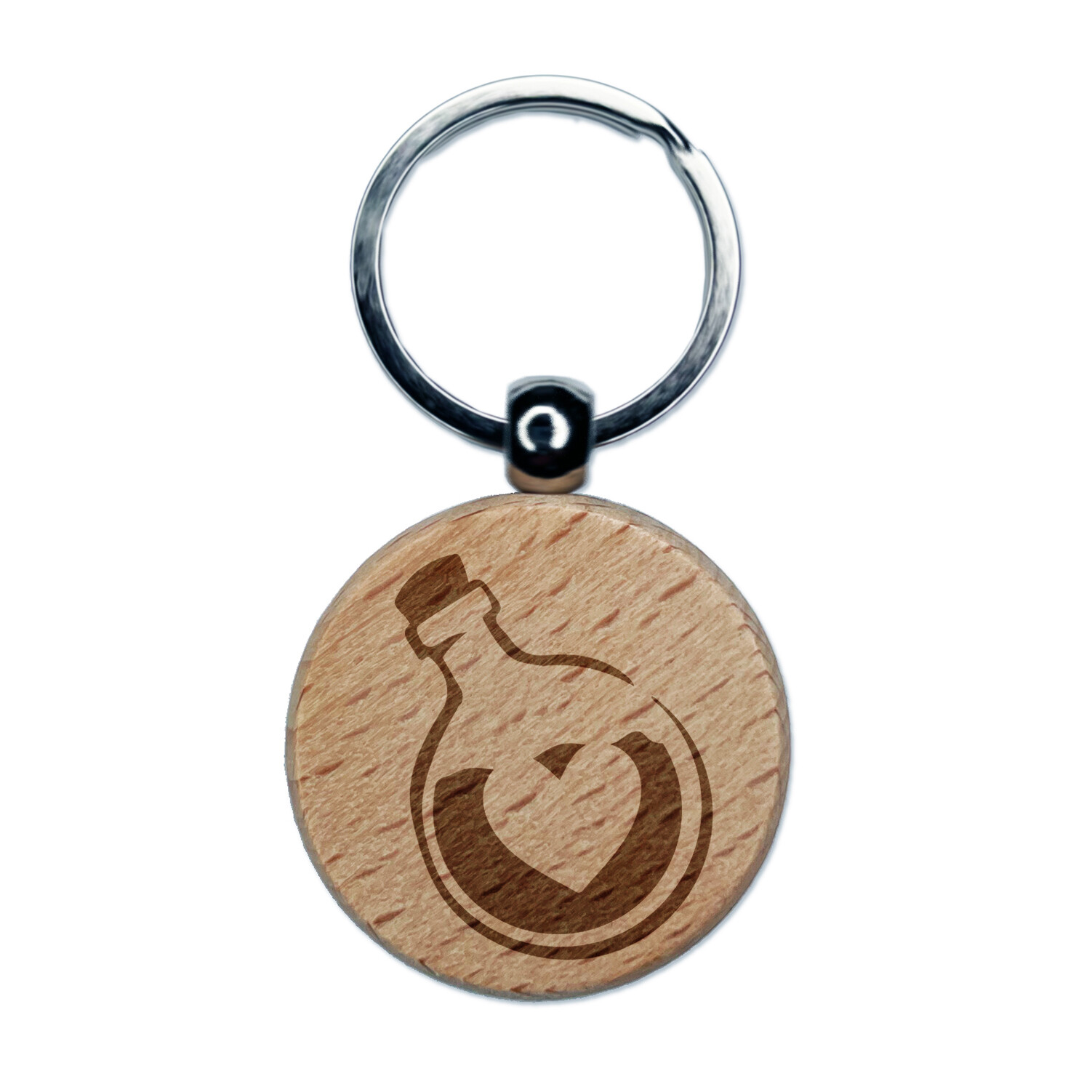 Heart Love Health Potion Bottle Engraved Wood Round Keychain Tag Charm
