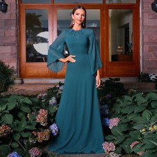 Womens Fashion Round Neck Bell Sleeves Chiffon Long Flared BOHO Beach Dress 1890