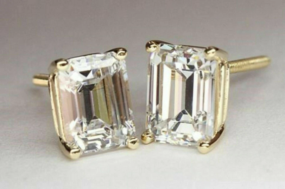 2Ct Simulated Diamond Women's Stud Earrings 14K Yellow Gold Finish Screw Back - Image 4 of 4